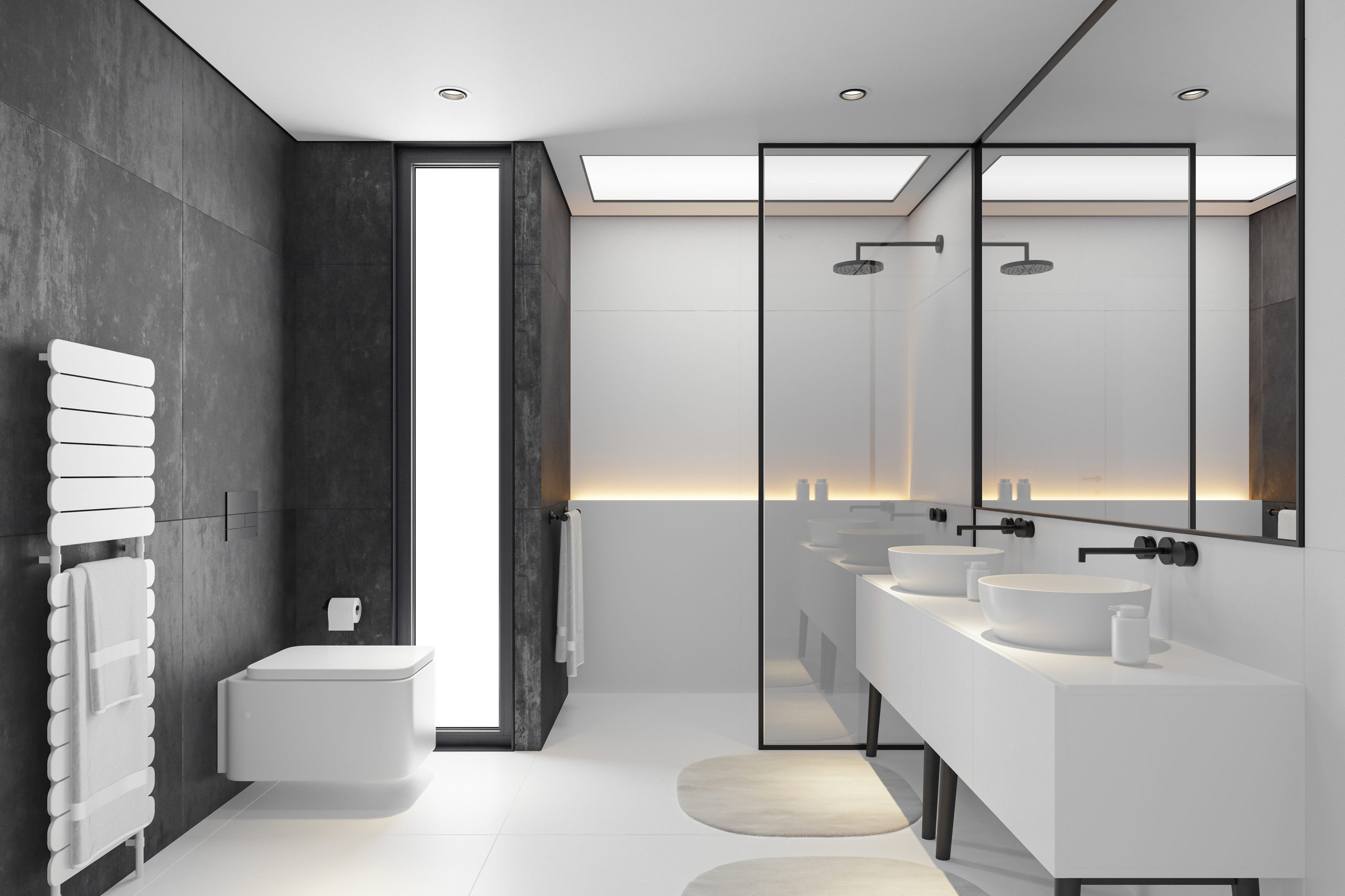 SYMEP | Modern Minimalist Black and White Master Bathroom Interior with Double Sinks and Shower with large black marble tiles